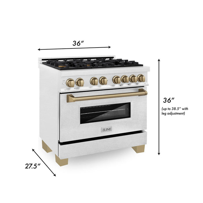 ZLINE Autograph Edition 36 in. 4.6 cu. ft. Legacy Dual Fuel Range with 6 Burner Gas Cooktop and Electric Convection Oven in DuraSnow® Stainless Steel and Champagne Bronze Accents (RASZ-SN-36-CB)