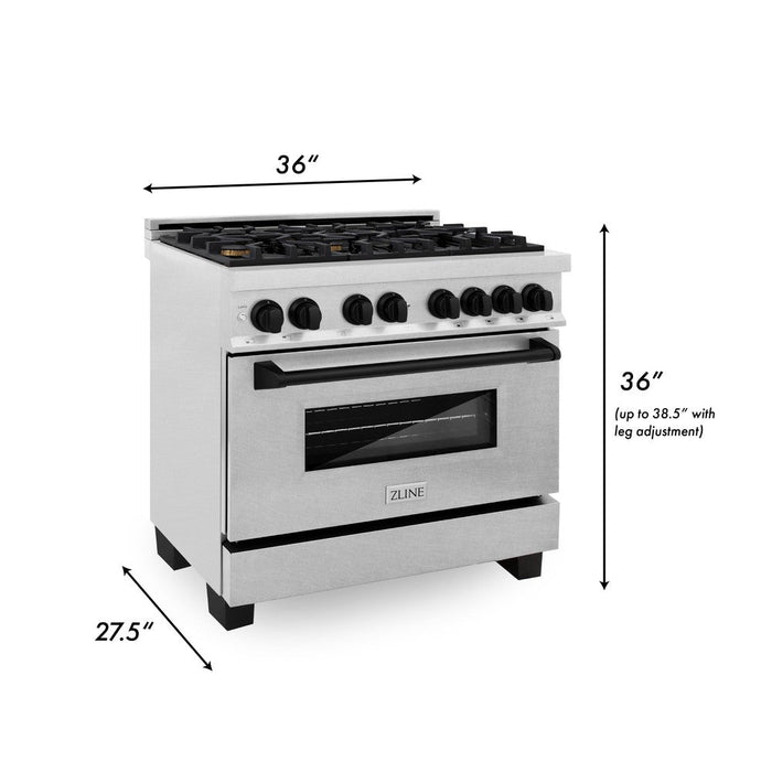 ZLINE Autograph Edition 36 in. 4.6 cu. ft. Legacy Dual Fuel Range with 6 Burner Gas Cooktop and Electric Convection Oven in DuraSnow® Stainless Steel and Matte Black Accents (RASZ-SN-36-MB)