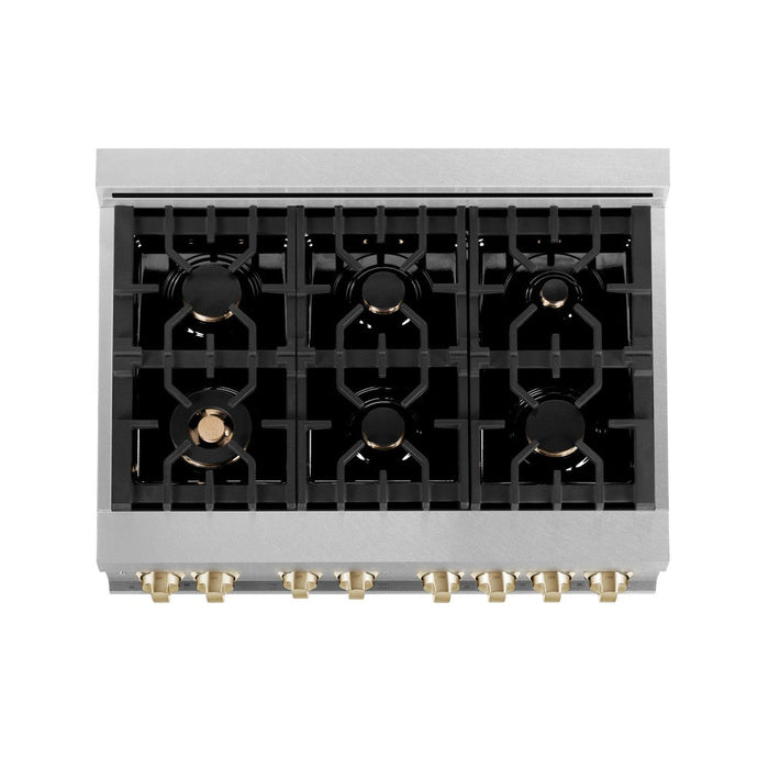 ZLINE Autograph Edition 36 in. 4.6 cu. ft. Legacy Dual Fuel Range with 6 Burner Gas Cooktop and Electric Convection Oven in DuraSnow® Stainless Steel with White Matte Door and Polished Gold Accents (RASZ-WM-36-G)