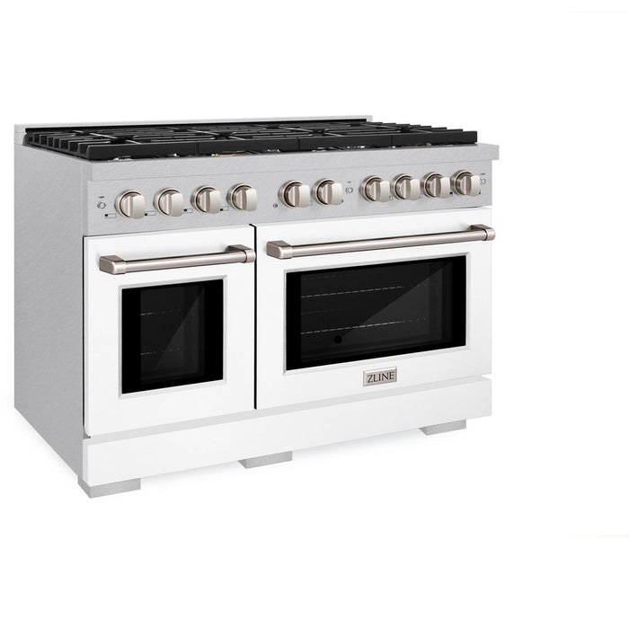 ZLINE 48 in. 6.7 cu. ft. Paramount Double Oven Dual Fuel Range with 8 Burner Gas Cooktop in DuraSnow® Stainless Steel with White Matte Doors (SDRS-WM-48)