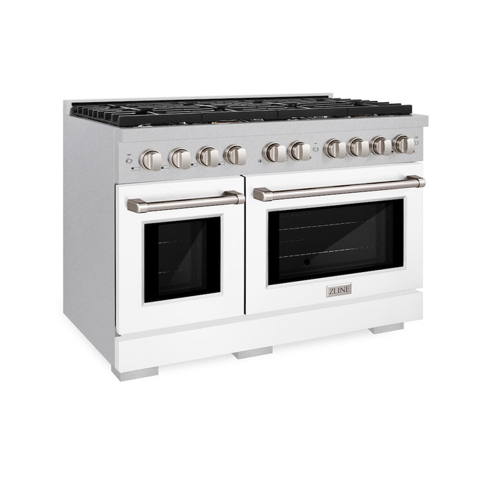 ZLINE 48 in. 6.7 cu. ft. Paramount Double Oven Gas Range with 8 Burner Cooktop in DuraSnow® Stainless Steel with White Matte Doors (SGRS-WM-48)