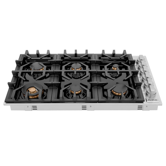 ZLINE 36 in. Gas Cooktop with 6 Brass Burners and Black Porcelain Top (RC-BR-36-PBT)