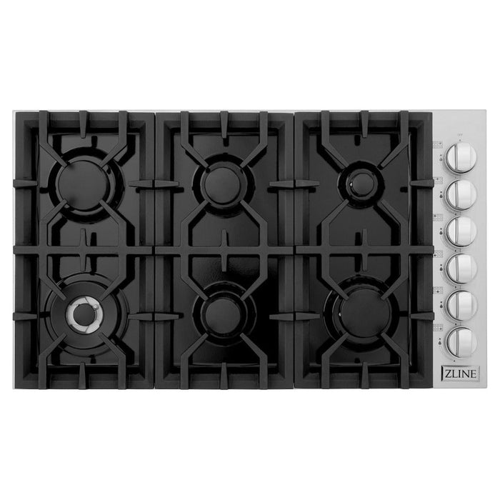 ZLINE 36 in. Gas Cooktop with 6 Burners and Black Porcelain Top (RC36-PBT)