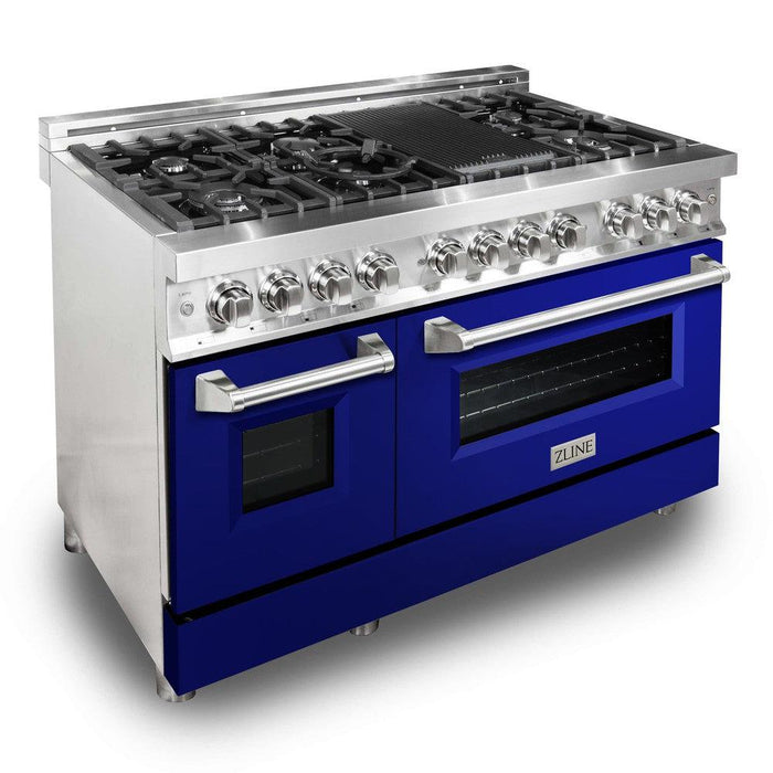 ZLINE 48 in. 6.0 cu. ft. Legacy Dual Fuel Range with 7 Burner Gas Cooktop and 2 Electric Ovens in Stainless Steel and Blue Gloss Doors (RA-BG-48)