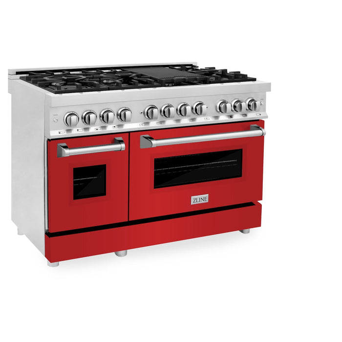 ZLINE 48 in. 6.0 cu. ft. Legacy Dual Fuel Range with 7 Burner Gas Cooktop and 2 Electric Ovens in Stainless Steel and Red Matte Doors (RA-RM-48)