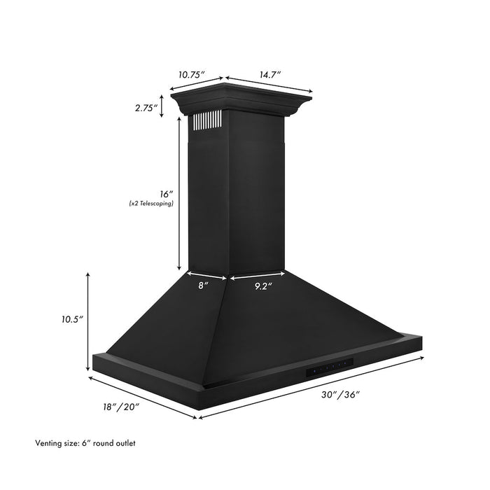 ZLINE Convertible Vent Wall Mount Range Hood in Black Stainless Steel with Crown Molding (BSKBNCRN)