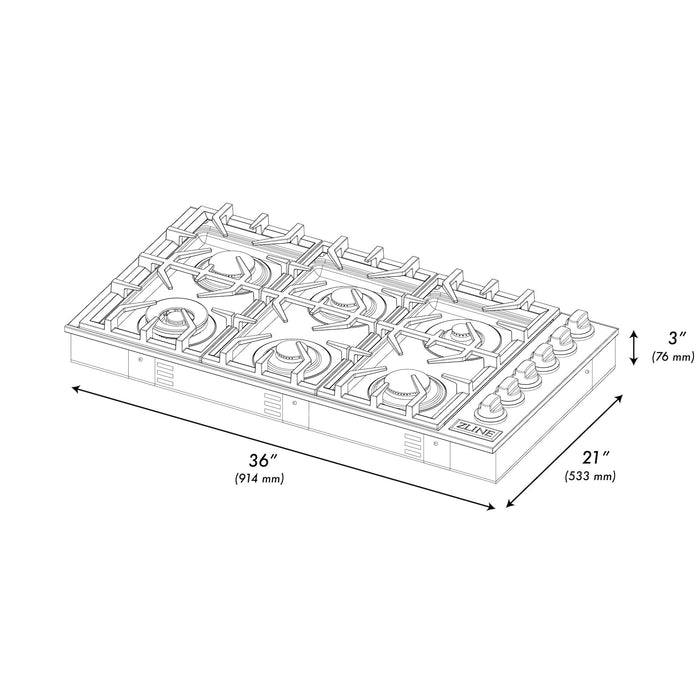 ZLINE 36 in. Gas Cooktop with 6 Brass Burners and Black Porcelain Top (RC-BR-36-PBT)