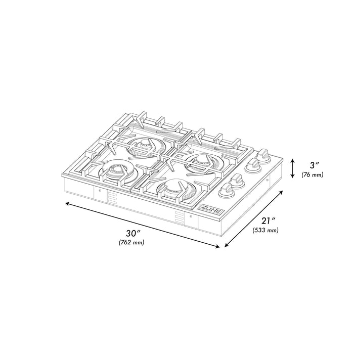 ZLINE 30 in. Gas Cooktop with 4 Burners and Black Porcelain Top (RC30-PBT)