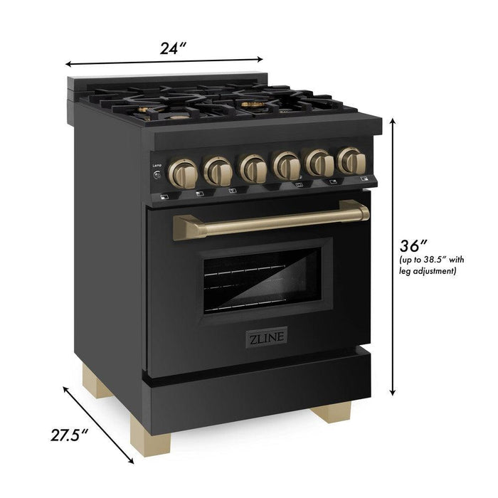 ZLINE Autograph Edition 24 in. 2.8 cu. ft. Legacy Dual Fuel Range with 4 Burner Gas Cooktop and Electric Convection Oven in Black Stainless Steel and Champagne Bronze Accents (RABZ-24-CB)