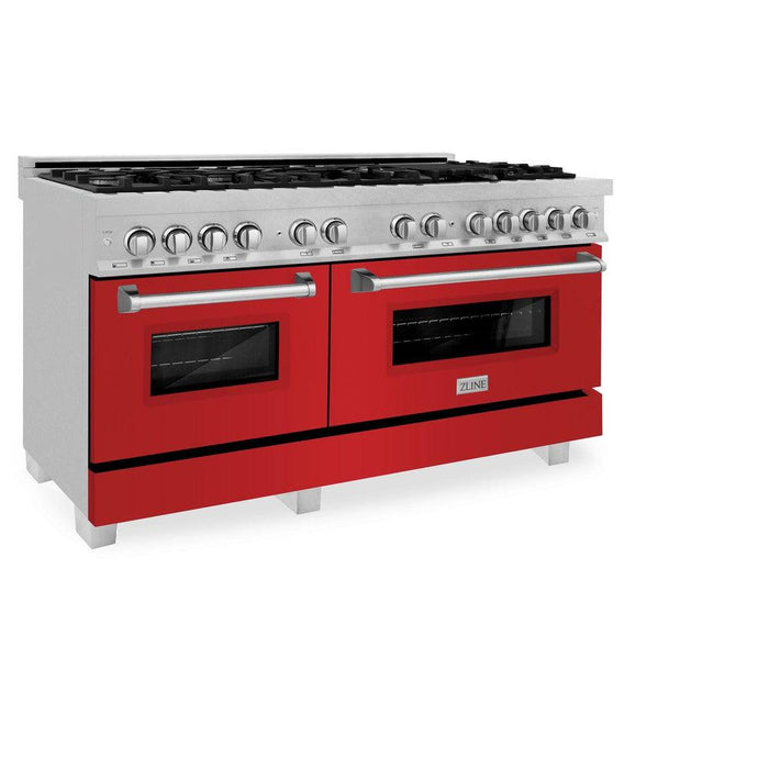 ZLINE 60 in. 7.4 cu. ft. Legacy Dual Fuel Range with 9 Burner Gas Cooktop and 2 Electric Convection Ovens in DuraSnow® Stainless Steel and Red Matte Doors (RAS-RM-60)