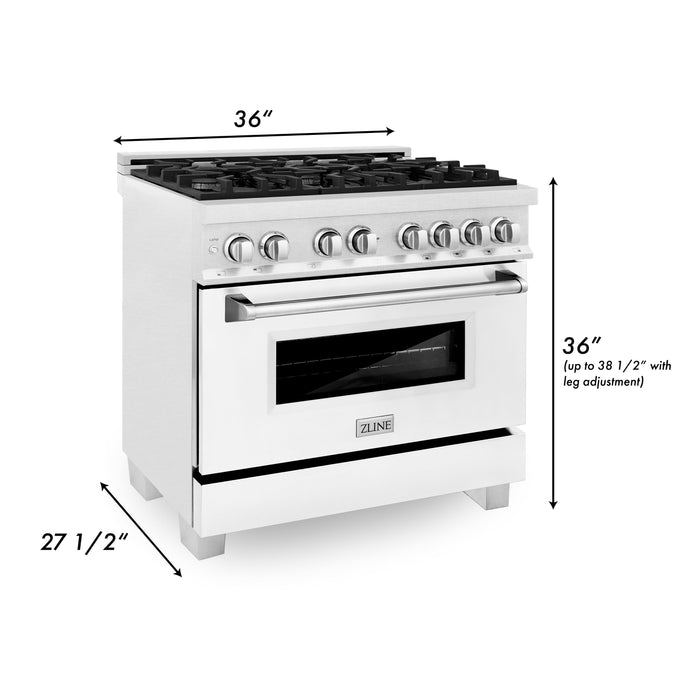 ZLINE 36 in. Kitchen Package with DuraSnow® Stainless Steel Dual Fuel Range with White Matte Door and Convertible Vent Range Hood (2KP-RASWMRH36)