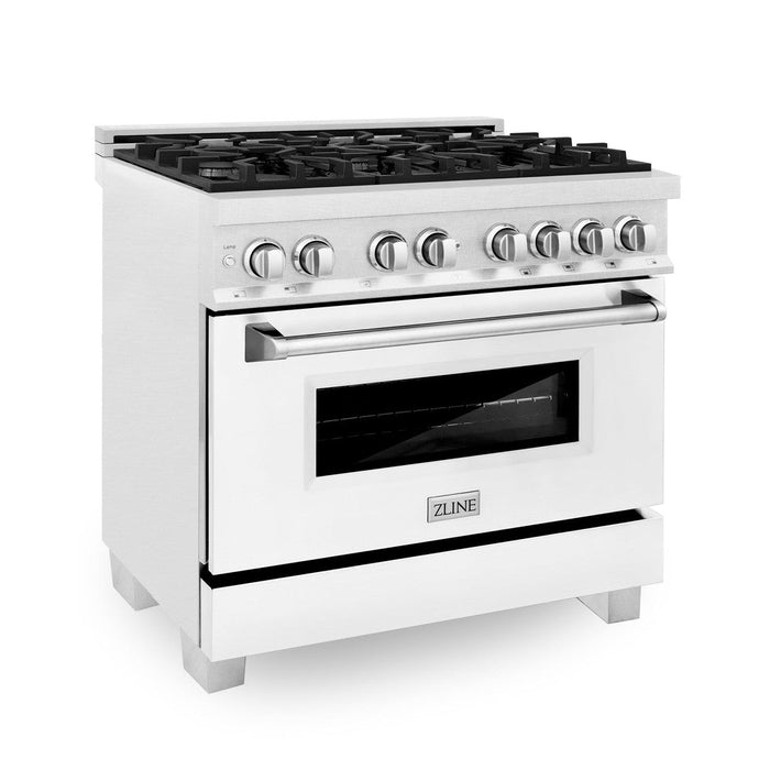 ZLINE 36 in. Kitchen Package with DuraSnow® Stainless Steel Dual Fuel Range with White Matte Door and Convertible Vent Range Hood (2KP-RASWMRH36)