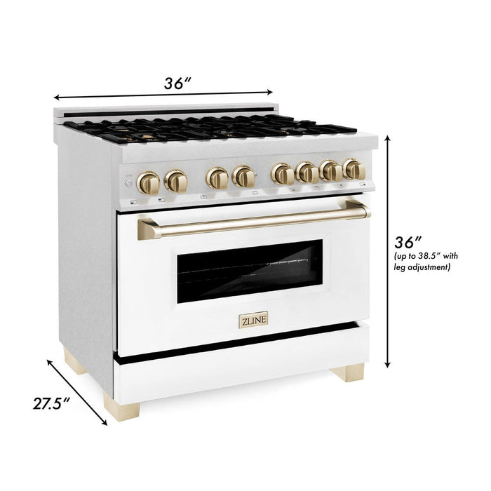 ZLINE Autograph Edition 36 in. 4.6 cu. ft. Legacy Dual Fuel Range with 6 Burner Gas Cooktop and Electric Convection Oven in DuraSnow® Stainless Steel with White Matte Door and Polished Gold Accents (RASZ-WM-36-G)