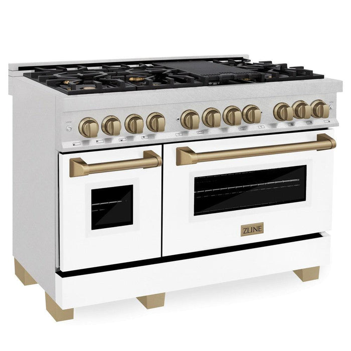 ZLINE Autograph Edition 48 in. 6.0 cu. ft. Legacy Dual Fuel Range with 7 Burner Gas Cooktop and 2 Electric Ovens in DuraSnow® Stainless Steel with White Matte Doors and Champagne Bronze Accents (RASZ-WM-48-CB)