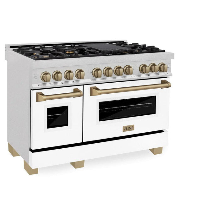 ZLINE Autograph Edition 48 in. 6.0 cu. ft. Legacy Dual Fuel Range with 7 Burner Gas Cooktop and 2 Electric Ovens in DuraSnow® Stainless Steel with White Matte Doors and Champagne Bronze Accents (RASZ-WM-48-CB)