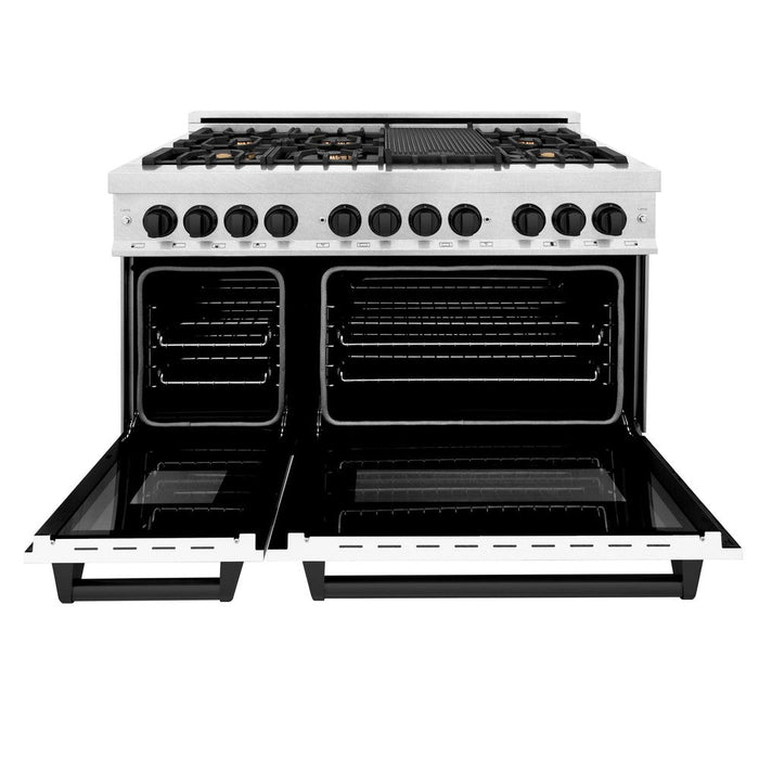 ZLINE Autograph Edition 48 in. 6.0 cu. ft. Legacy Dual Fuel Range with 7 Burner Gas Cooktop and 2 Electric Ovens in DuraSnow® Stainless Steel with White Matte Doors and Matte Black Accents (RASZ-WM-48-MB)