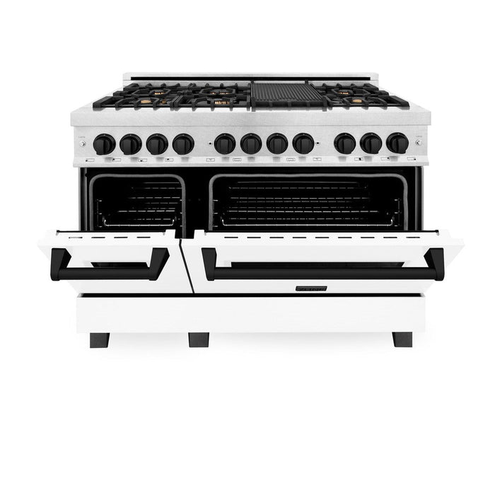 ZLINE Autograph Edition 48 in. 6.0 cu. ft. Legacy Dual Fuel Range with 7 Burner Gas Cooktop and 2 Electric Ovens in DuraSnow® Stainless Steel with White Matte Doors and Matte Black Accents (RASZ-WM-48-MB)