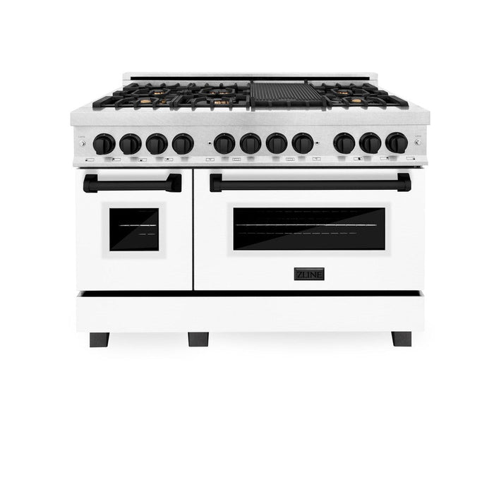 ZLINE Autograph Edition 48 in. 6.0 cu. ft. Legacy Dual Fuel Range with 7 Burner Gas Cooktop and 2 Electric Ovens in DuraSnow® Stainless Steel with White Matte Doors and Matte Black Accents (RASZ-WM-48-MB)