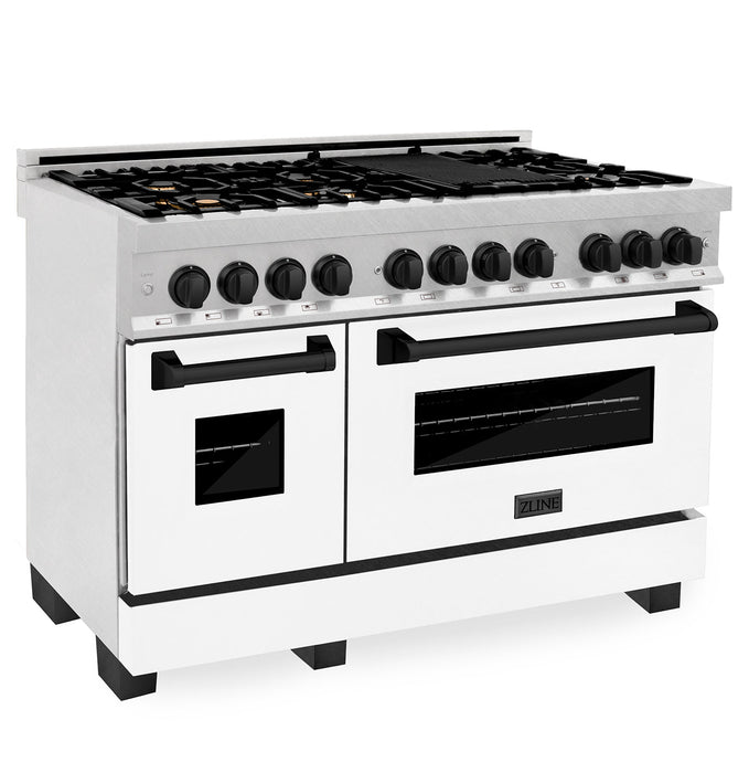 ZLINE Autograph Edition 48 in. 6.0 cu. ft. Legacy Dual Fuel Range with 7 Burner Gas Cooktop and 2 Electric Ovens in DuraSnow® Stainless Steel with White Matte Doors and Matte Black Accents (RASZ-WM-48-MB)