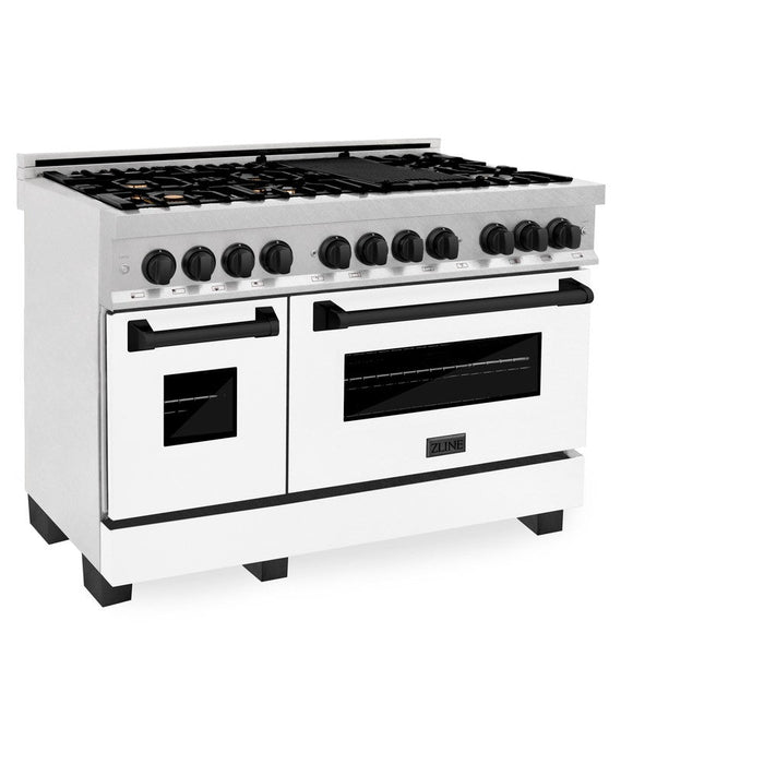 ZLINE Autograph Edition 48 in. 6.0 cu. ft. Legacy Dual Fuel Range with 7 Burner Gas Cooktop and 2 Electric Ovens in DuraSnow® Stainless Steel with White Matte Doors and Matte Black Accents (RASZ-WM-48-MB)