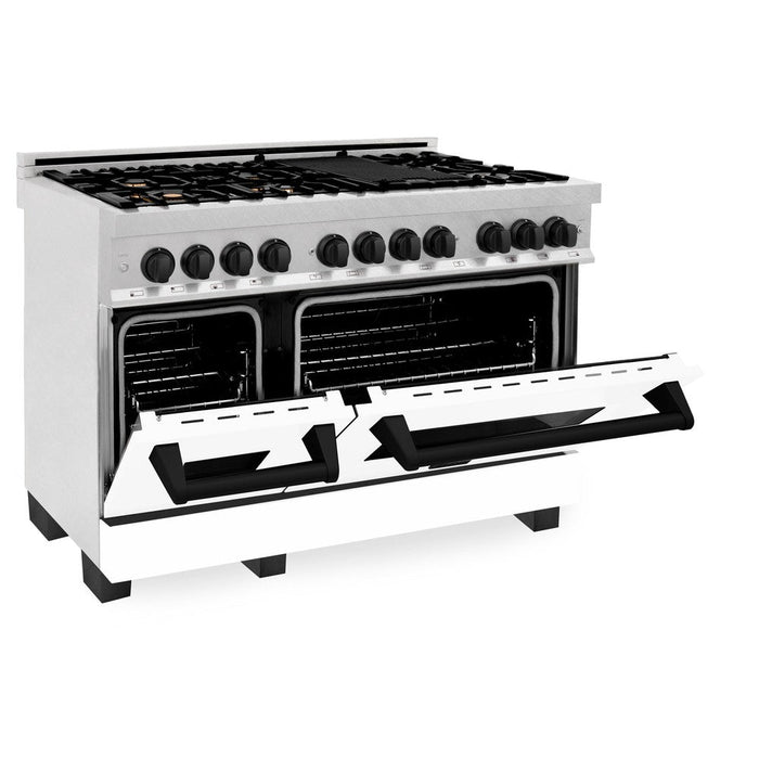 ZLINE Autograph Edition 48 in. 6.0 cu. ft. Legacy Dual Fuel Range with 7 Burner Gas Cooktop and 2 Electric Ovens in DuraSnow® Stainless Steel with White Matte Doors and Matte Black Accents (RASZ-WM-48-MB)