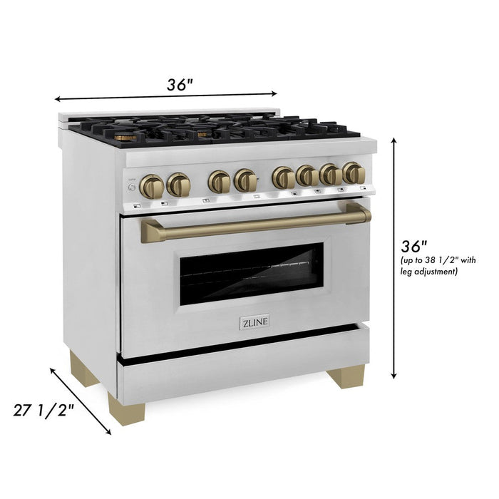 ZLINE Autograph Edition 36 in. 4.6 cu. ft. Legacy Dual Fuel Range with 6 Burner Gas Cooktop and Electric Convection Oven in Stainless Steel and Champagne Bronze Accents (RAZ-36-CB)