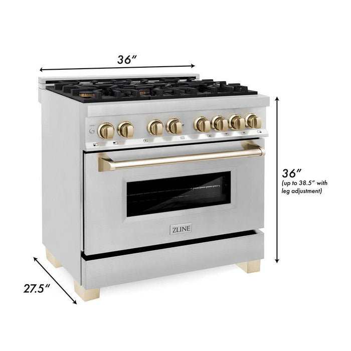 ZLINE Autograph Edition 36 in. 4.6 cu. ft. Legacy Dual Fuel Range with 6 Burner Gas Cooktop and Electric Convection Oven in Stainless Steel and Polished Gold Accents (RAZ-36-G)