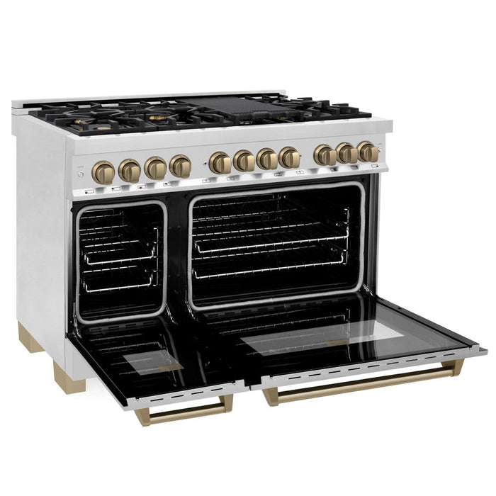 ZLINE Autograph Edition 48 in. Kitchen Package with Stainless Steel Dual Fuel Range, Range Hood and Dishwasher with Champagne Bronze Accents (3AKP-RARHDWM48-CB)