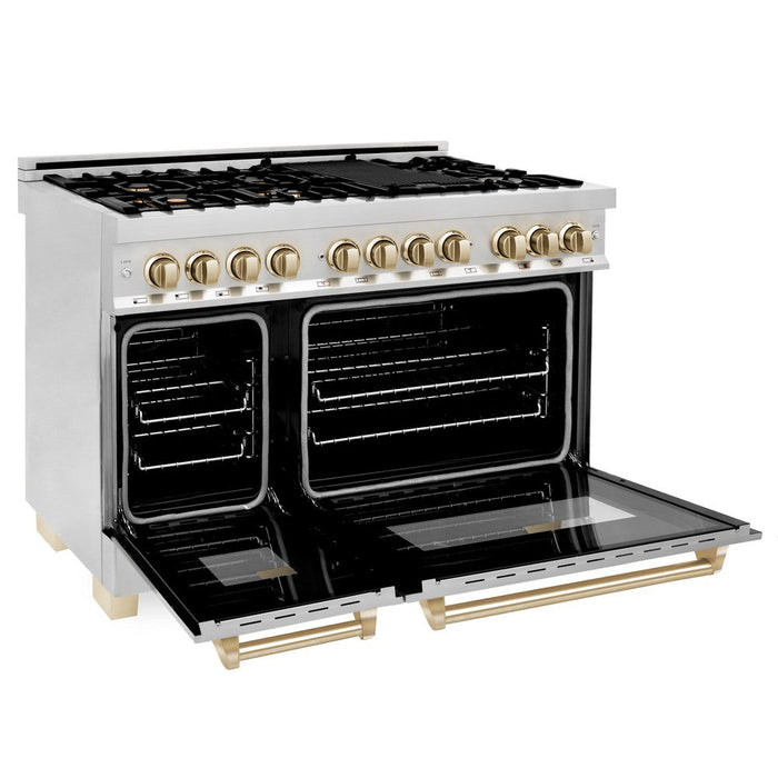 ZLINE Autograph Edition 48 in. 6.0 cu. ft. Legacy Dual Fuel Range with 7 Burner Gas Cooktop and 2 Electric Ovens in Stainless Steel and Polished Gold Accents (RAZ-48-G)