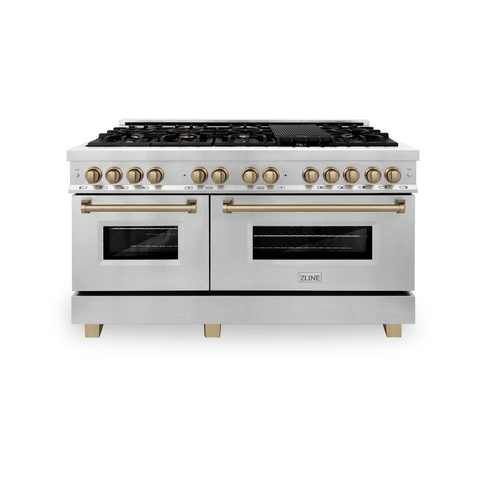 ZLINE Autograph Edition 60 in. 7.4 cu. ft. Legacy Dual Fuel Range with 9 Burner Gas Cooktop and 2 Electric Convection Ovens in Stainless Steel and Champagne Bronze Accents (RAZ-60-CB)