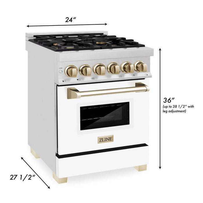 ZLINE Autograph Edition 24 in. 2.8 cu. ft. Legacy Dual Fuel Range with 4 Burner Gas Cooktop and Electric Convection Oven in Stainless Steel with White Matte Door and Polished Gold Accents (RAZ-WM-24-G)