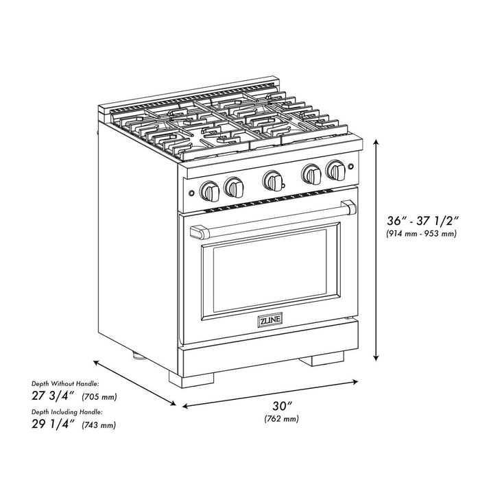 ZLINE 30 in. 4.2 cu. ft. Paramount Dual Fuel Range with 4 Burner Gas Cooktop and Electric Convection Oven in DuraSnow® Stainless Steel (SDRS-30)