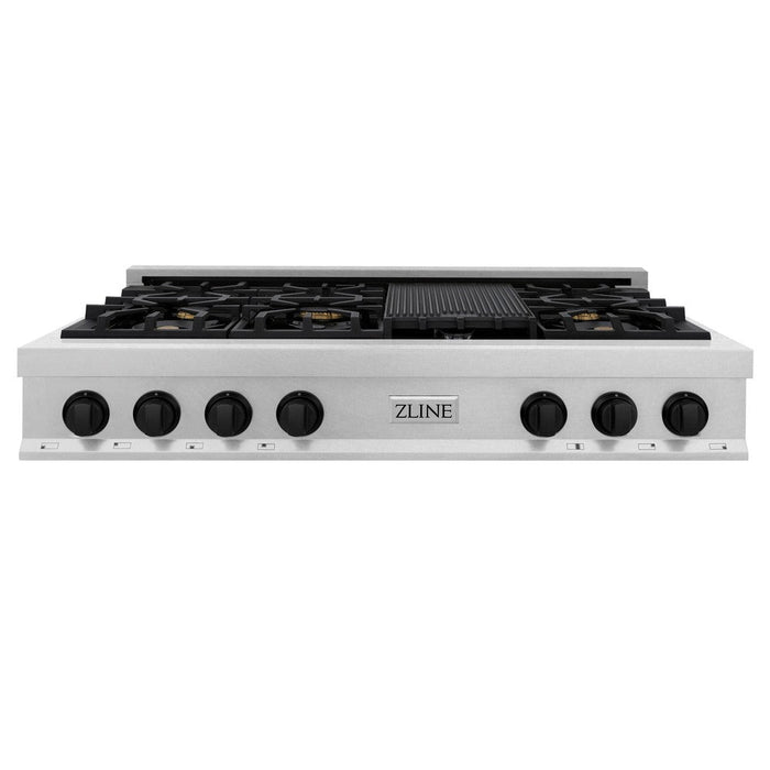 ZLINE Autograph Edition 48 in. Porcelain Rangetop with 7 Gas Burners in DuraSnow® Stainless Steel and Matte Black Accents (RTSZ-48-MB)