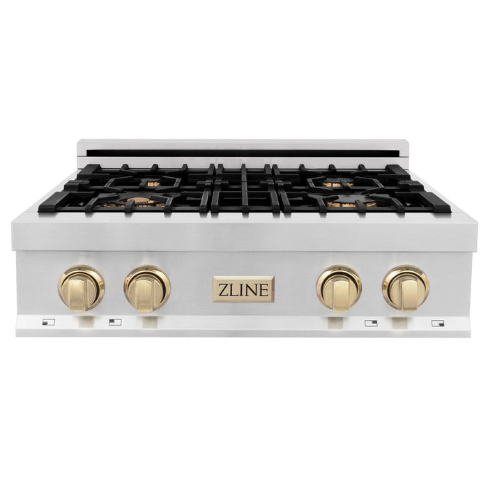 ZLINE Autograph Edition 30 in. Porcelain Rangetop with 4 Gas Burners in Stainless Steel and Polished Gold Accents (RTZ-30-G)