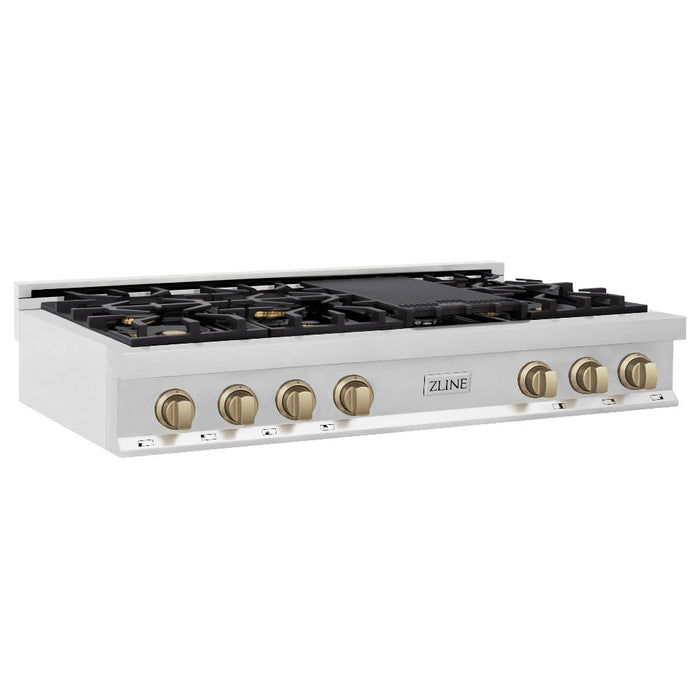 ZLINE Autograph Edition 48 in. Porcelain Rangetop with 7 Gas Burners in Stainless Steel with Champagne Bronze Accents (RTZ-48-CB)