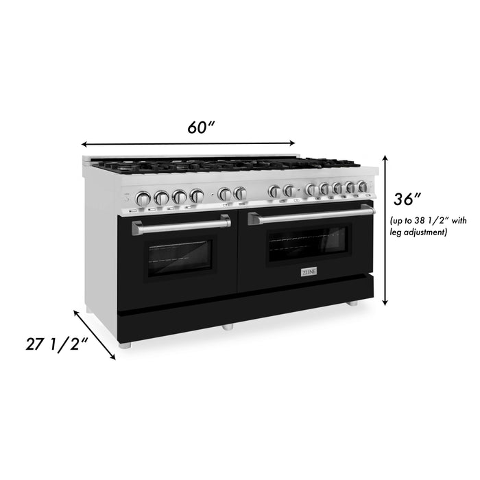 ZLINE 60 in. 7.4 cu. ft. Legacy Dual Fuel Range with 9 Burner Gas Cooktop and 2 Electric Convection Ovens in Stainless Steel and Black Matte Doors (RA-BLM-60)