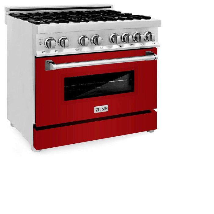 ZLINE 36 in. 4.6 cu. ft. Legacy Dual Fuel Range with 6 Burner Gas Cooktop and Electric Convection Oven in Stainless Steel and Red Gloss Door (RA-RG-36)