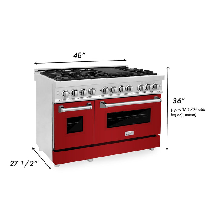 ZLINE 48 in. 6.0 cu. ft. Legacy Dual Fuel Range with 7 Burner Gas Cooktop and 2 Electric Ovens in Stainless Steel and Red Gloss Doors (RA-RG-48)