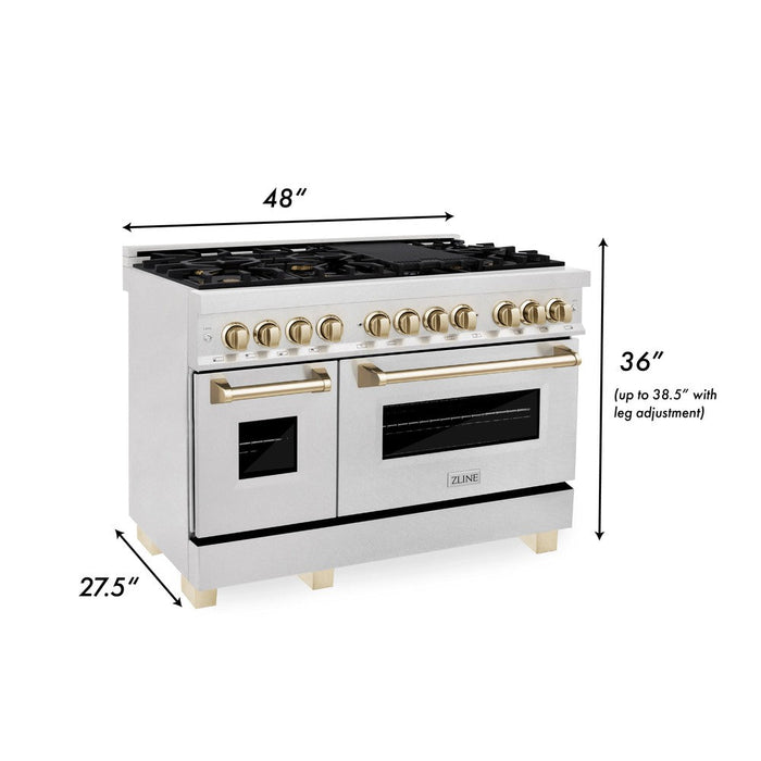 ZLINE Autograph Edition 48 in. 6.0 cu. ft. Legacy Dual Fuel Range with 7 Burner Gas Cooktop and 2 Electric Ovens in DuraSnow® Stainless Steel and Polished Gold Accents (RASZ-SN-48-G)