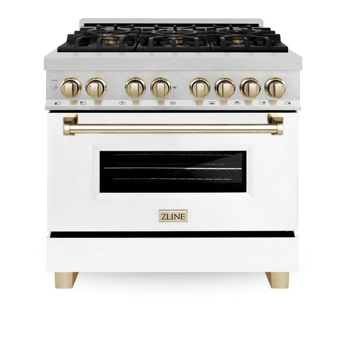 ZLINE Autograph Edition 36 in. 4.6 cu. ft. Legacy Dual Fuel Range with 6 Burner Gas Cooktop and Electric Convection Oven in DuraSnow® Stainless Steel with White Matte Door and Polished Gold Accents (RASZ-WM-36-G)