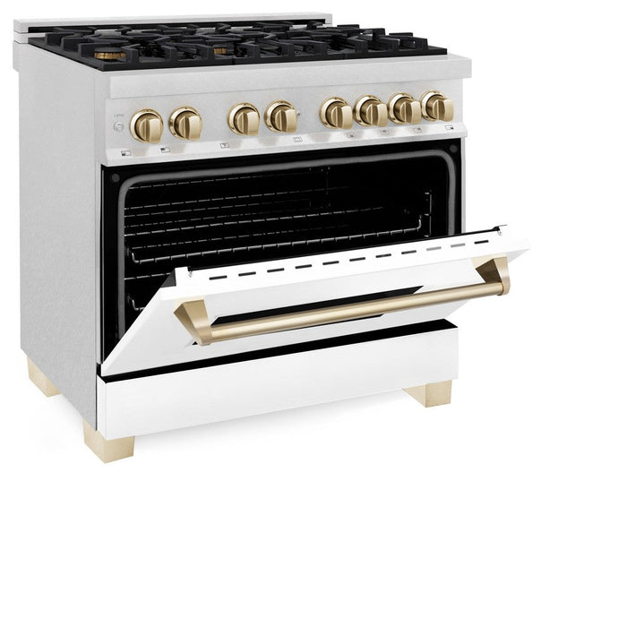 ZLINE Autograph Edition 36 in. 4.6 cu. ft. Legacy Dual Fuel Range with 6 Burner Gas Cooktop and Electric Convection Oven in DuraSnow® Stainless Steel with White Matte Door and Polished Gold Accents (RASZ-WM-36-G)