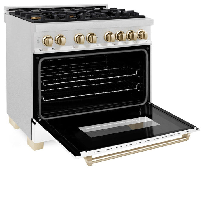 ZLINE Autograph Edition 36 in. 4.6 cu. ft. Legacy Dual Fuel Range with 6 Burner Gas Cooktop and Electric Convection Oven in DuraSnow® Stainless Steel with White Matte Door and Polished Gold Accents (RASZ-WM-36-G)