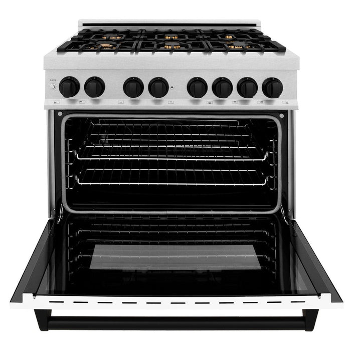 ZLINE Autograph Edition 36 in. 4.6 cu. ft. Legacy Dual Fuel Range with 6 Burner Gas Cooktop and Electric Convection Oven in DuraSnow® Stainless Steel with White Matte Door and Matte Black Accents (RASZ-WM-36-MB)