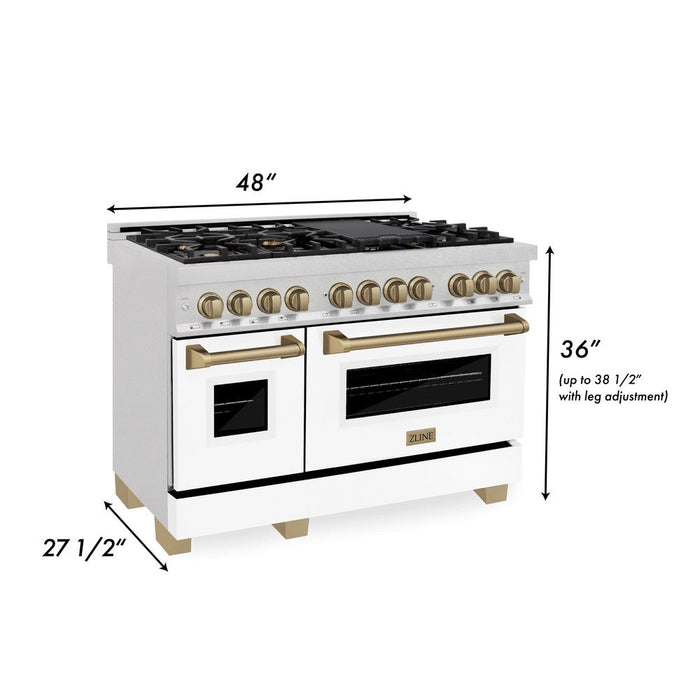 ZLINE Autograph Edition 48 in. 6.0 cu. ft. Legacy Dual Fuel Range with 7 Burner Gas Cooktop and 2 Electric Ovens in DuraSnow® Stainless Steel with White Matte Doors and Champagne Bronze Accents (RASZ-WM-48-CB)