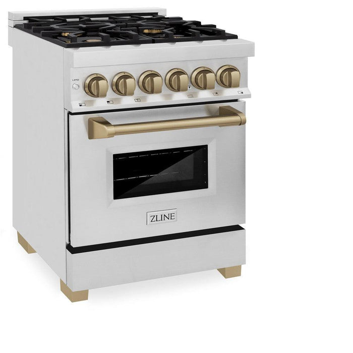 ZLINE Autograph Edition 24 in. 2.8 cu. ft. Legacy Dual Fuel Range with 4 Burner Gas Cooktop and Electric Convection Oven in Stainless Steel and Champagne Bronze Accents (RAZ-24-CB)