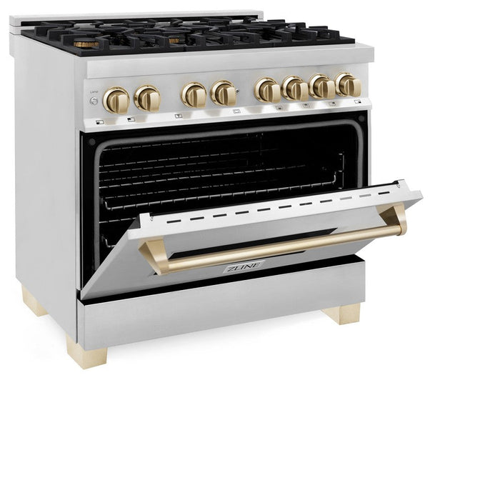 ZLINE Autograph Edition 36 in. 4.6 cu. ft. Legacy Dual Fuel Range with 6 Burner Gas Cooktop and Electric Convection Oven in Stainless Steel and Polished Gold Accents (RAZ-36-G)