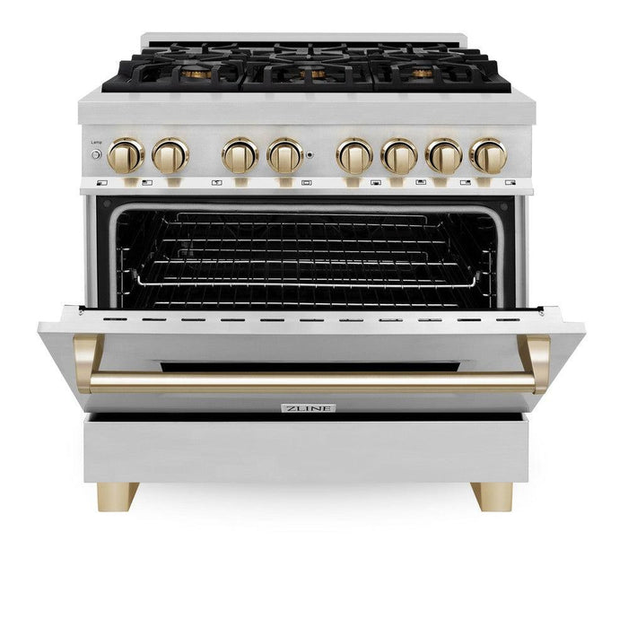 ZLINE Autograph Edition 36 in. 4.6 cu. ft. Legacy Dual Fuel Range with 6 Burner Gas Cooktop and Electric Convection Oven in Stainless Steel and Polished Gold Accents (RAZ-36-G)