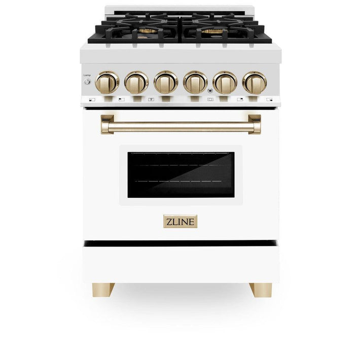 ZLINE Autograph Edition 24 in. 2.8 cu. ft. Legacy Dual Fuel Range with 4 Burner Gas Cooktop and Electric Convection Oven in Stainless Steel with White Matte Door and Polished Gold Accents (RAZ-WM-24-G)