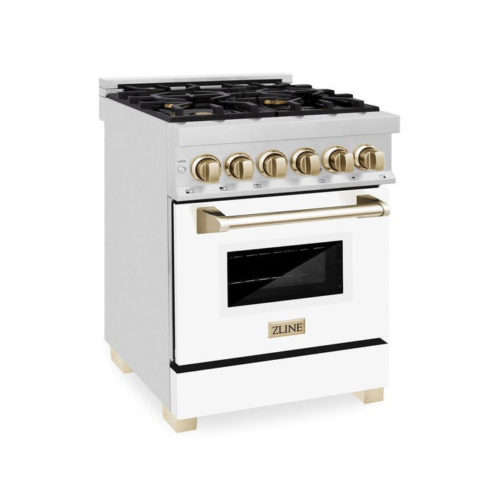 ZLINE Autograph Edition 24 in. 2.8 cu. ft. Legacy Dual Fuel Range with 4 Burner Gas Cooktop and Electric Convection Oven in Stainless Steel with White Matte Door and Polished Gold Accents (RAZ-WM-24-G)