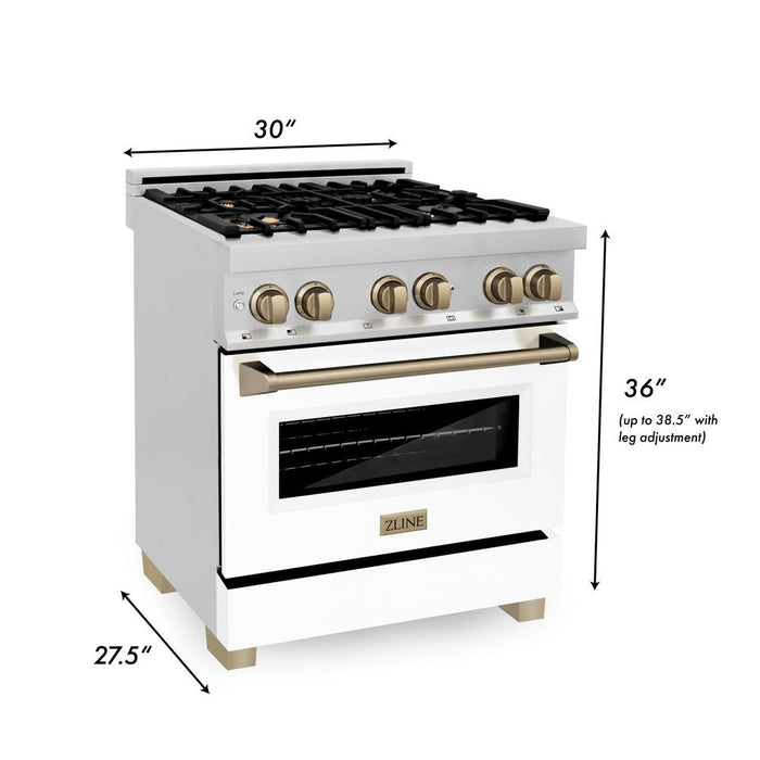 ZLINE Autograph Edition 30 in. 4.0 cu. ft. Legacy Dual Fuel Range with 4 Burner Gas Cooktop and Electric Convection Oven in Stainless Steel with White Matte Door and Champagne Bronze Accents (RAZ-WM-30-CB)